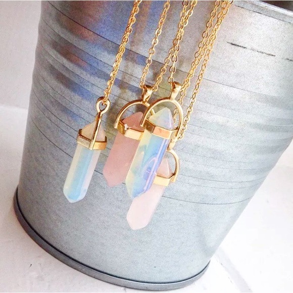 Pink Rose Quartz Crystal Gemstone Pendant Gold Necklace Healing Gem Stone Boho - Picture 2 of 5